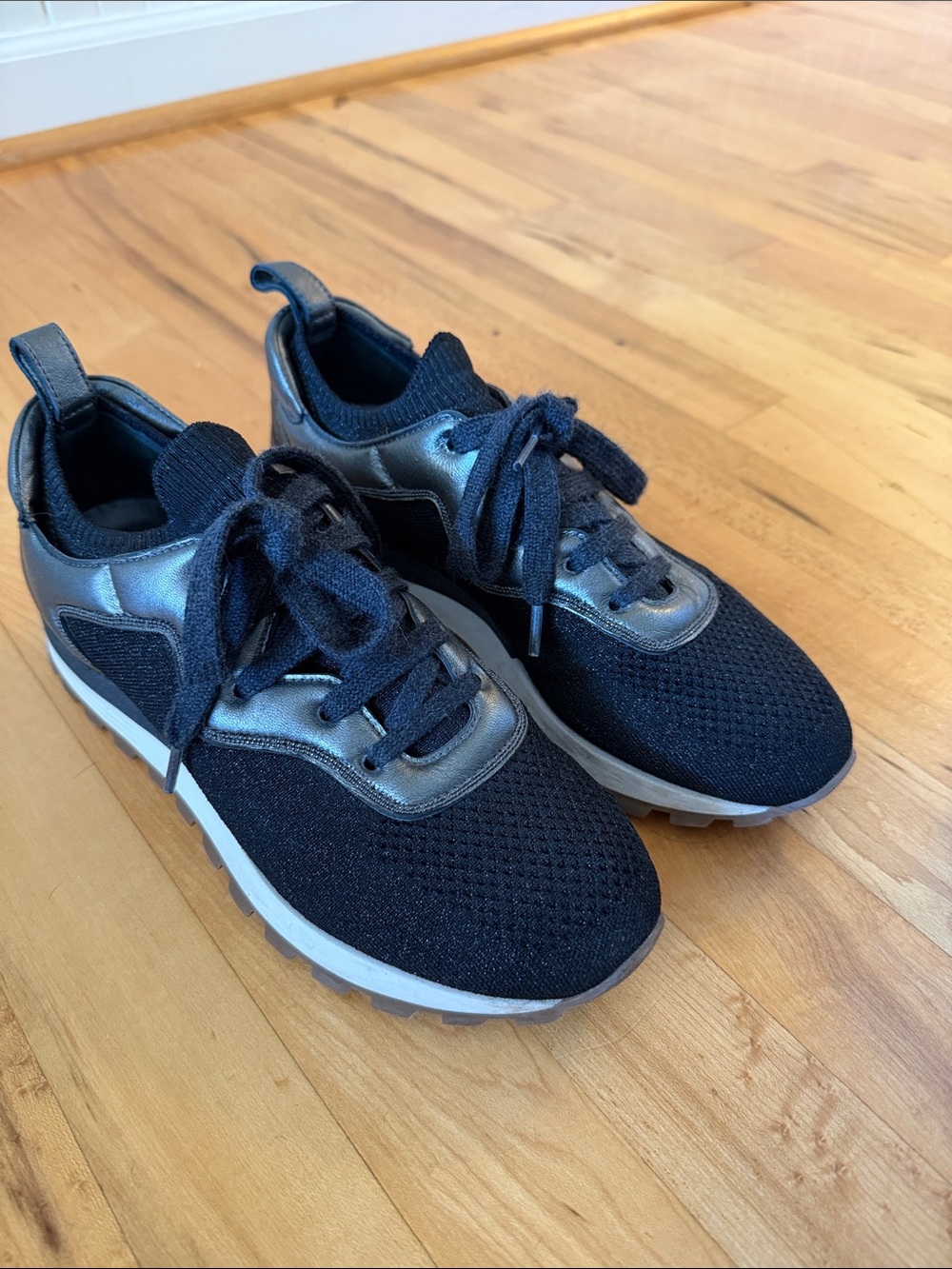 Brunello Cucinelli Black Knit Sneakers with Brown Heel Accent